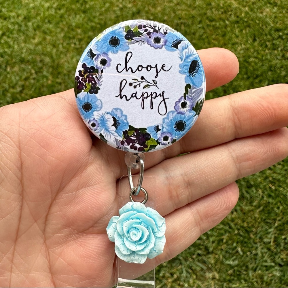 Choose Happy Blue Inspirational Cute Badge Holder Reel